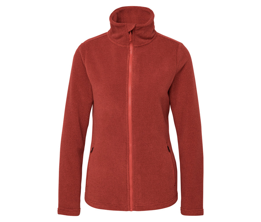 Oranžová fleecová bunda so zipsom uprostred.