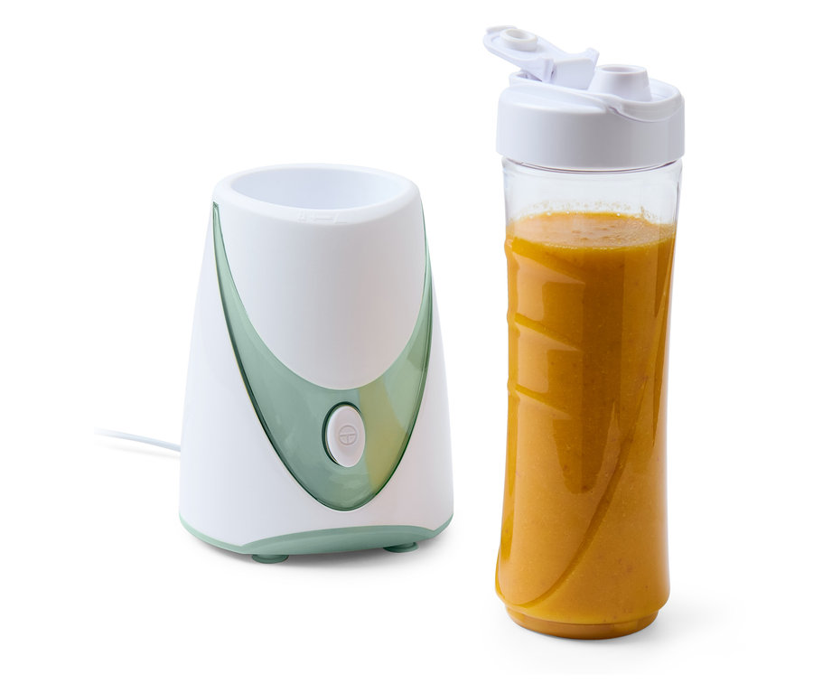 Mixér na smoothie, 250 W, s nádobou naplnenou oranžovým smoothie.
