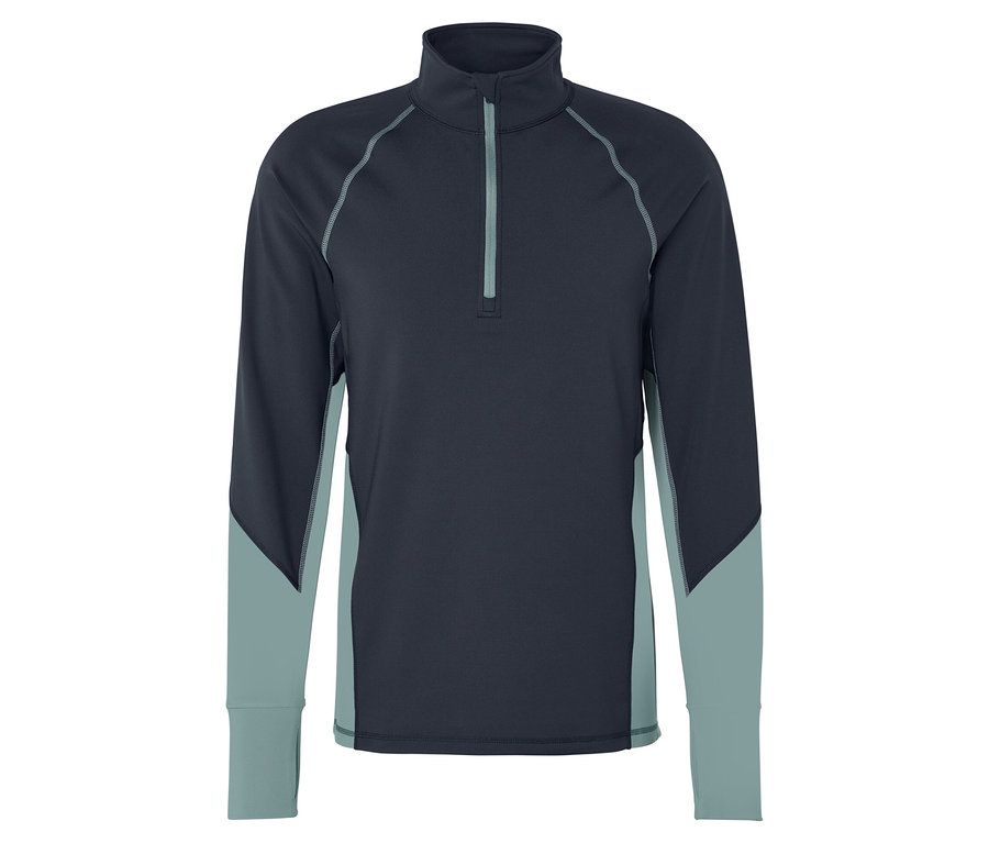 Tmavo modré tričko s dlhým rukávom so svetlomodrými vsadkami a zipsom.