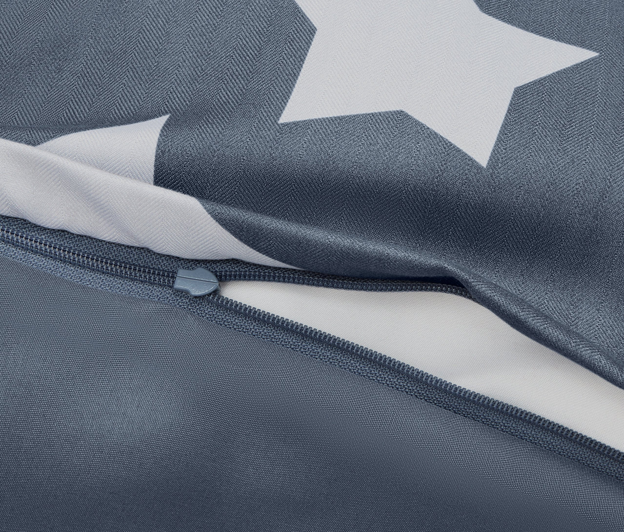 Detail modrej obliečky s bielymi hviezdami a čiastočne rozopnutým zipsom.