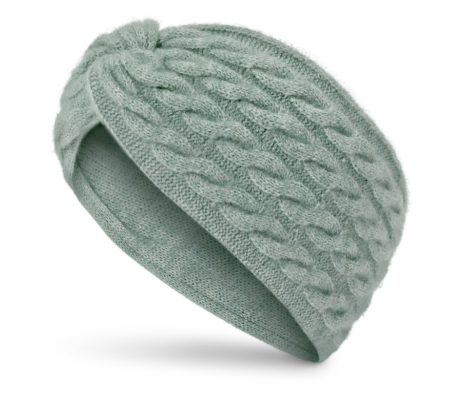 Svetlozelená pletená čelenka s uzlom.