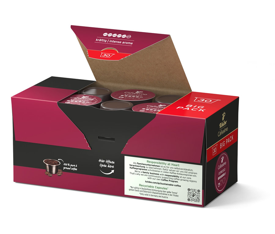 Otvorené balenie kávových kapsúl Cafissimo Espresso kräftig.