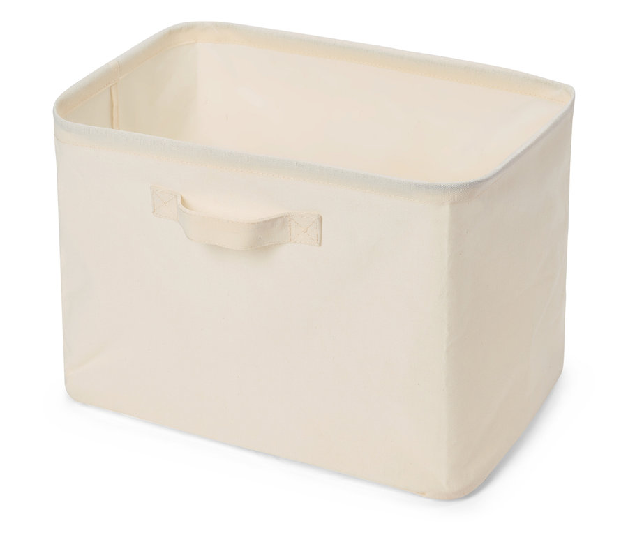 Béžový látkový úložný box s držadlom.