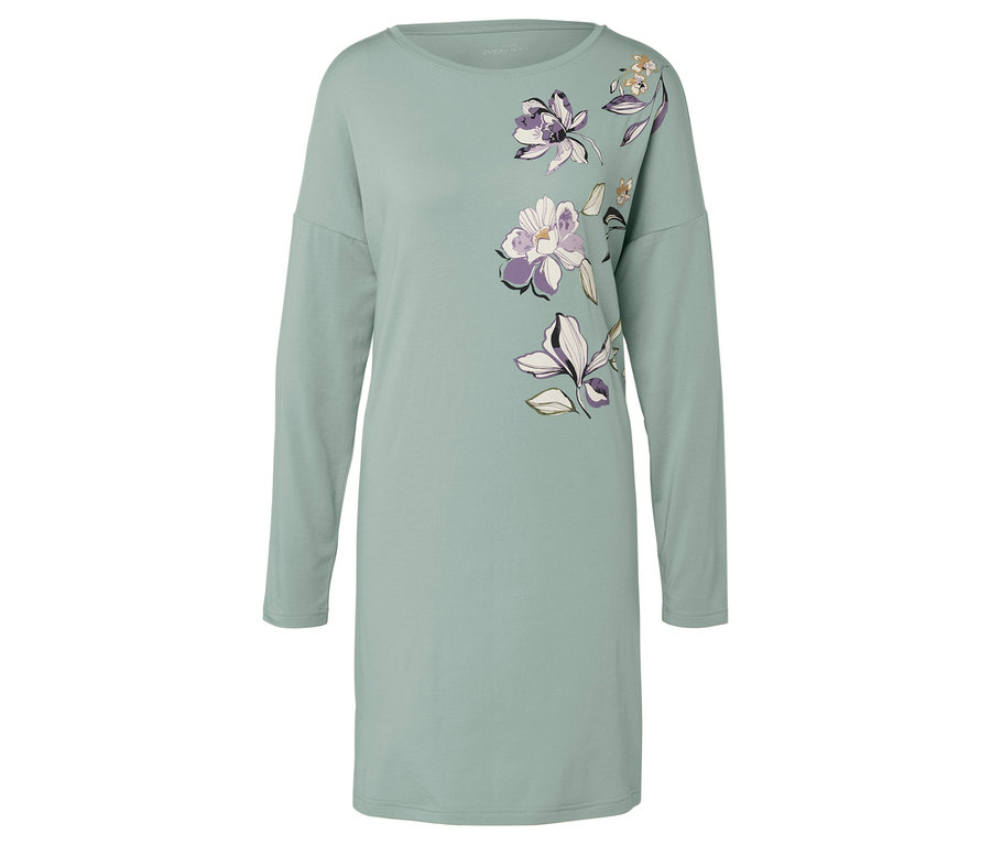 Svetlozelené šaty s dlhým rukávom a kvetinovou potlačou.