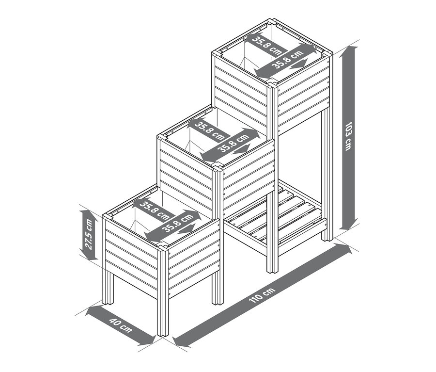 Náčrt poschodového kvetináča »Tinus« s regálom naspodku. Uvedené sú rozmery.