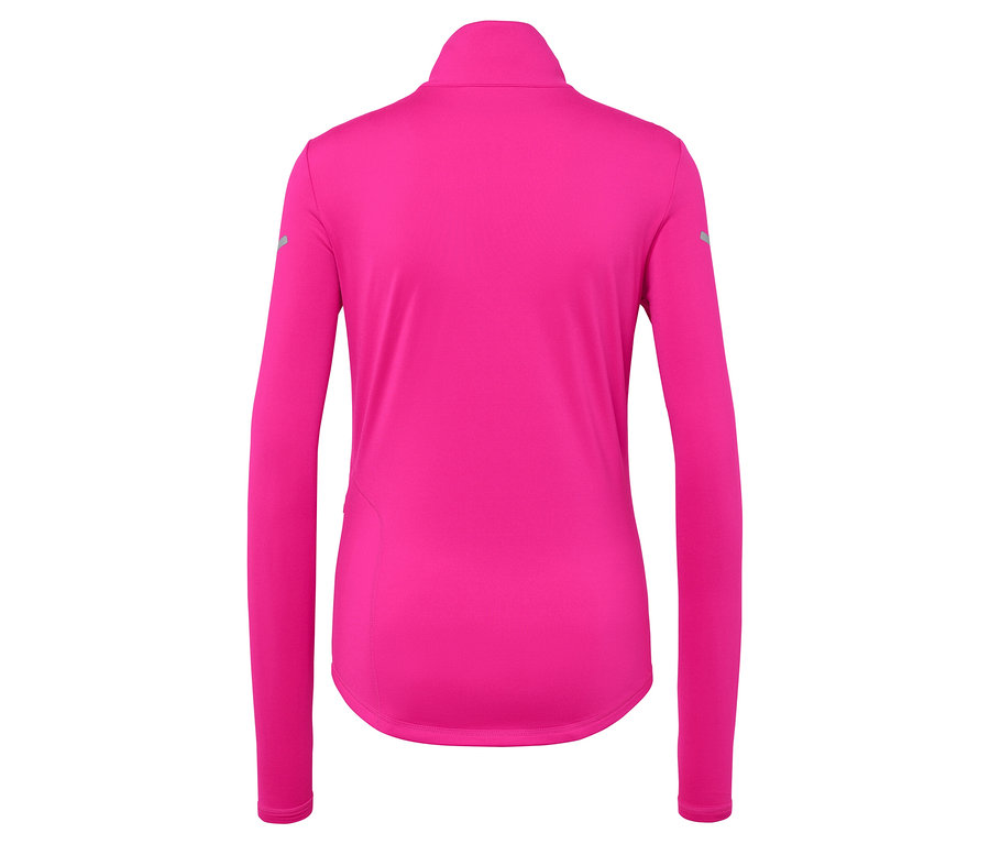 Pohľad zozadu na ružový športový top s dlhým rukávom a zipsom.
