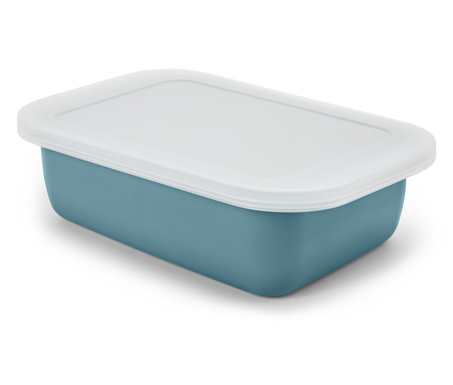 Modrá obdĺžniková nádoba s bielym vekom.