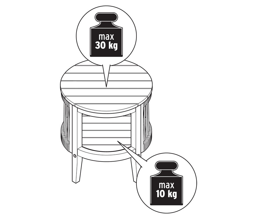 Ilustrácia záhradného stolíka s odnímateľnou doskou, Ø cca 50 cm, s informáciami o hmotnosti.