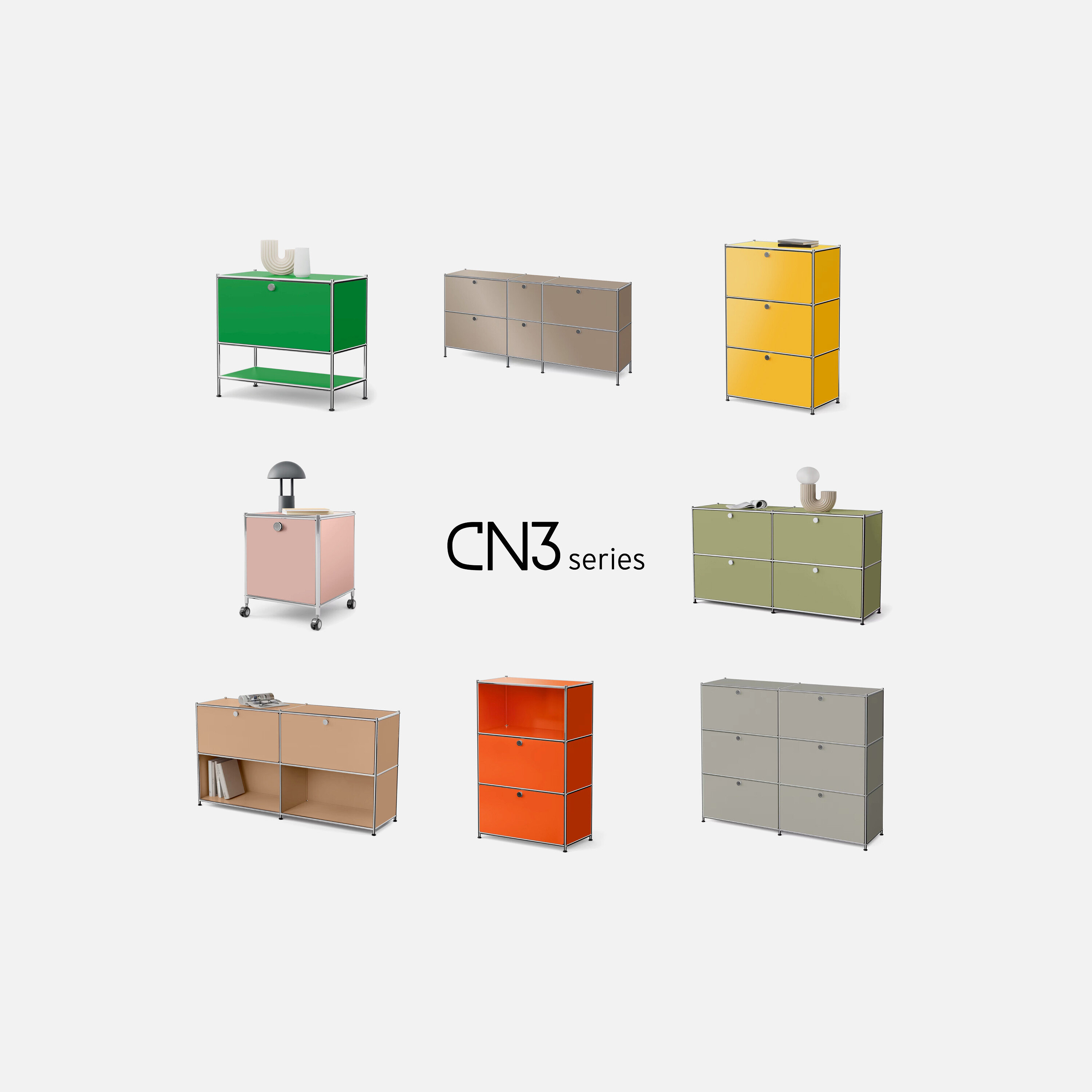 Deväť modulárnych nábytkových systémov USM v zelenej, béžovej, žltej, ružovej, svetlozelenej, oranžovej a sivej farbe je usporiadaných v mriežke.