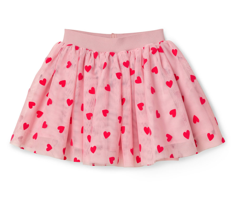 Ružová tylová sukňa s červenými srdiečkami.
