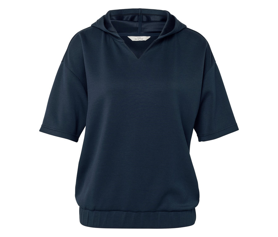 Tmavo modrá mikina s kapucňou, krátkymi rukávmi a elastickým pásom.