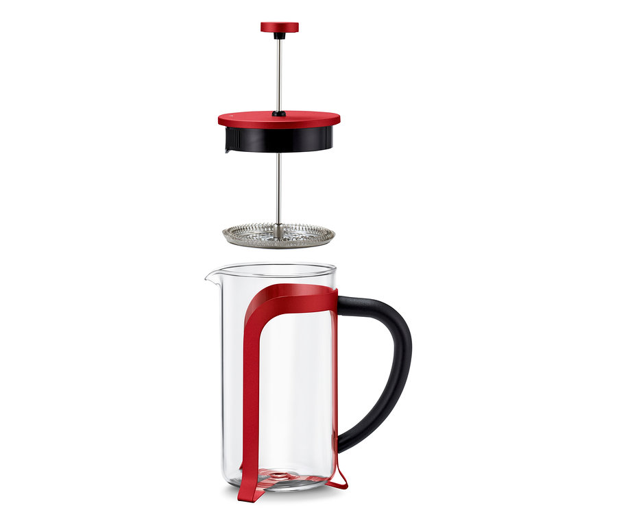 Červená kanvica french press 800 ml so 6 šálkami v rozloženom stave.