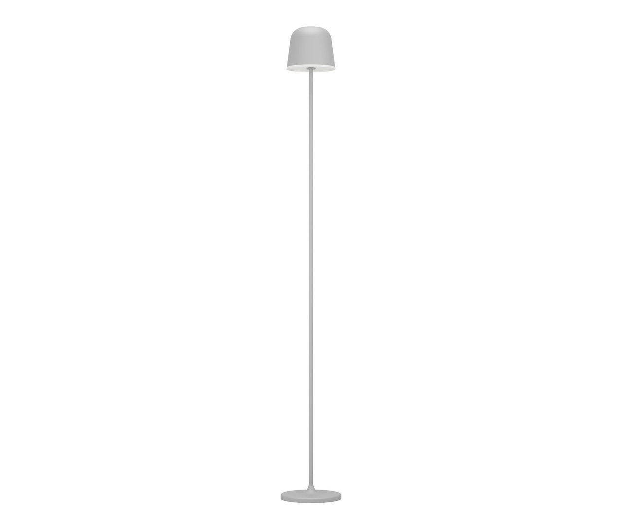 Sivá stojacia lampa s okrúhlym podstavcom, tenkou tyčou a zvonovitým tienidlom na bielom pozadí.