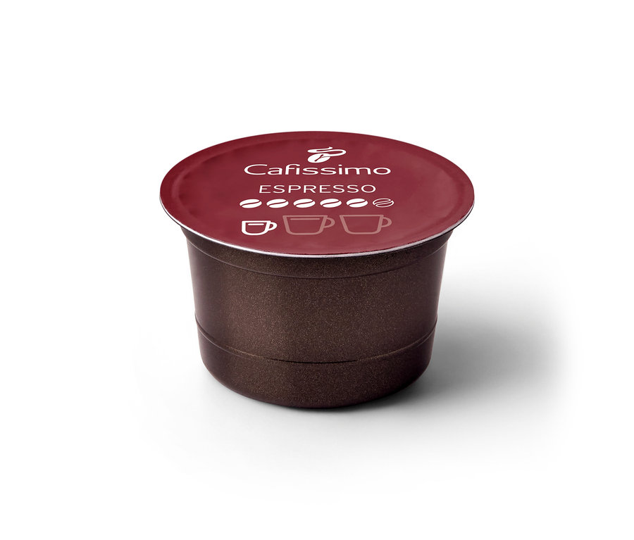Tmavohnedá kapsula Cafissimo Espresso silné s bordovým viečkom, na ktorom je nápis "Cafissimo ESPRESSO" a 5 kávových zŕn.