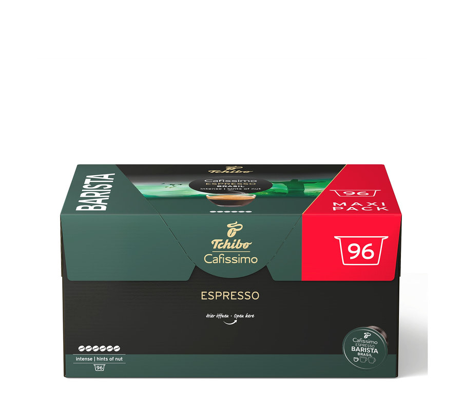 Tmavozelená a červená krabica kávových kapsúl Tchibo Cafissimo BARISTA Espresso, s nápisom „96 MAXI PACK“ a „intense | hints of nut“.