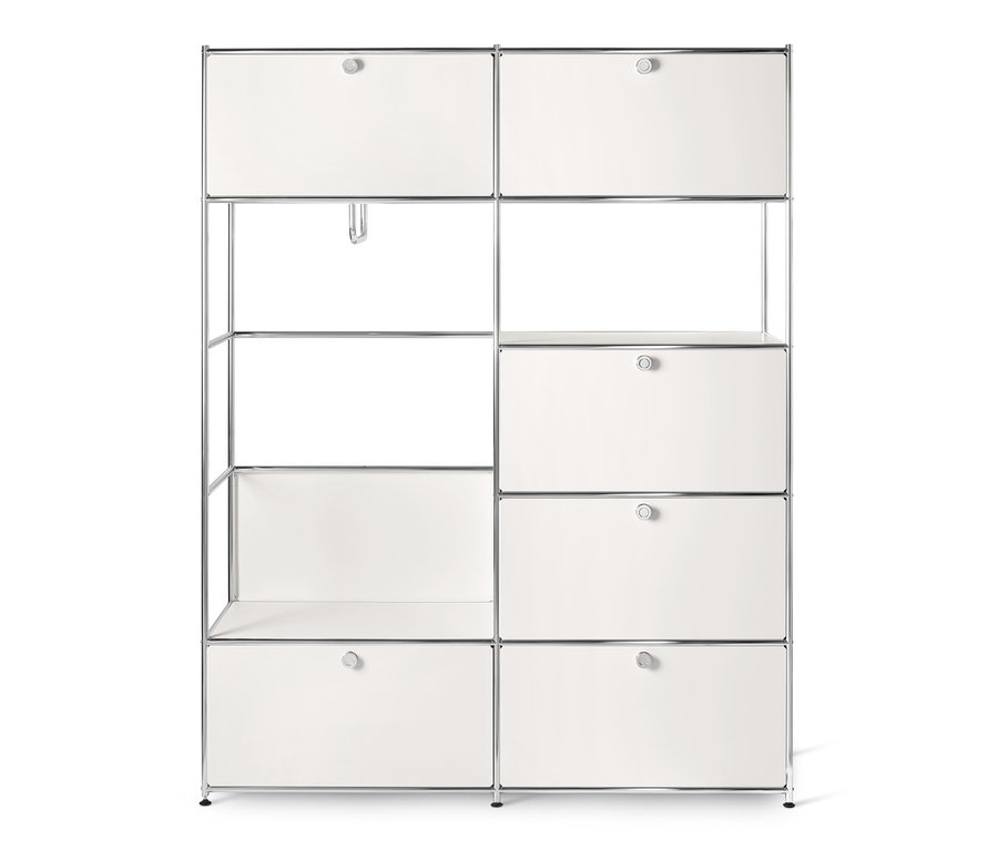 Biely kovový skriňový systém »CN3« s policami a zásuvkami.