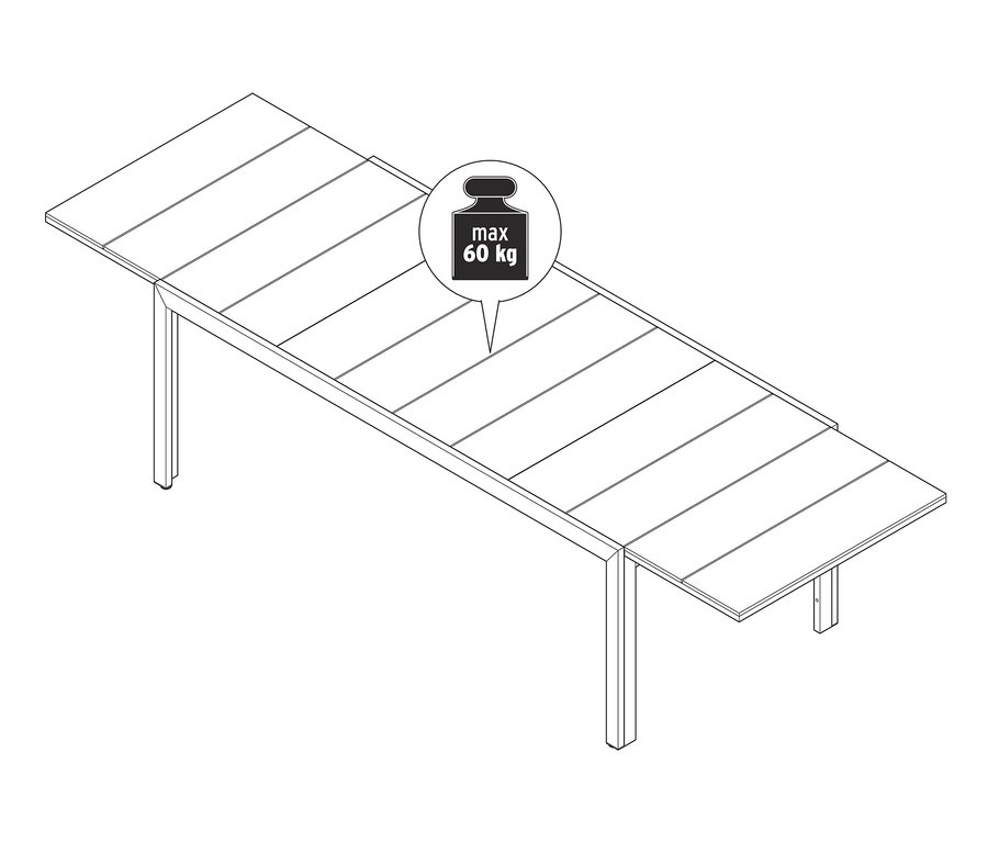 Náčrt rozkladacieho stola s doskou Duraboard a maximálnou nosnosťou 60 kg.