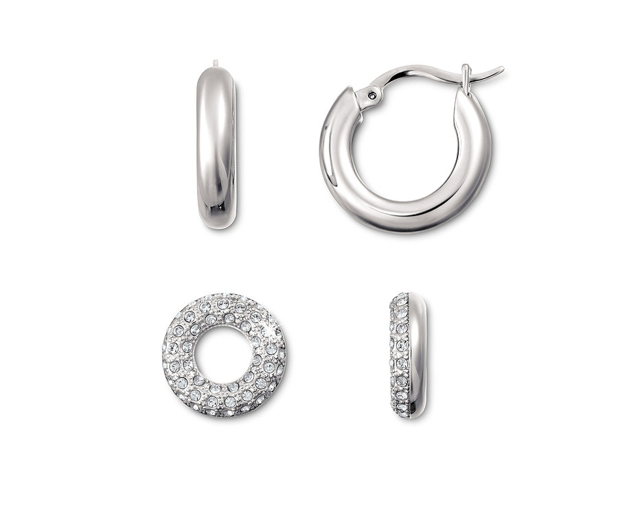 Štyri náušnice Kreoly Sparkle Donut na bielom pozadí.