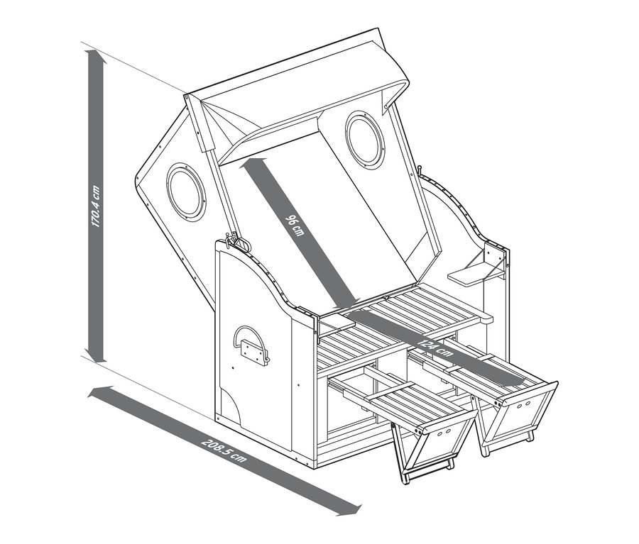 Nákres plážového koša XL prémiovej kvality s 2 výklopnými stolíkmi a uvedenými rozmermi.