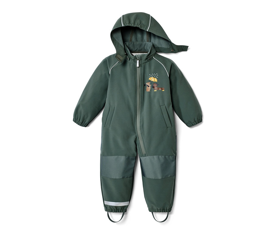 Zelený detský softshellový overal s kapucňou a potlačou psa s dáždnikom.