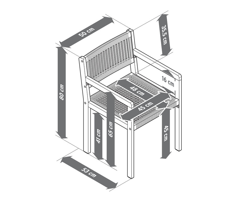 Nákres jedálenskej stoličky s textilným výpletom zobrazuje rozmery: výška 80 cm, šírka sedadla 48 cm, hĺbka sedadla 45 cm.
