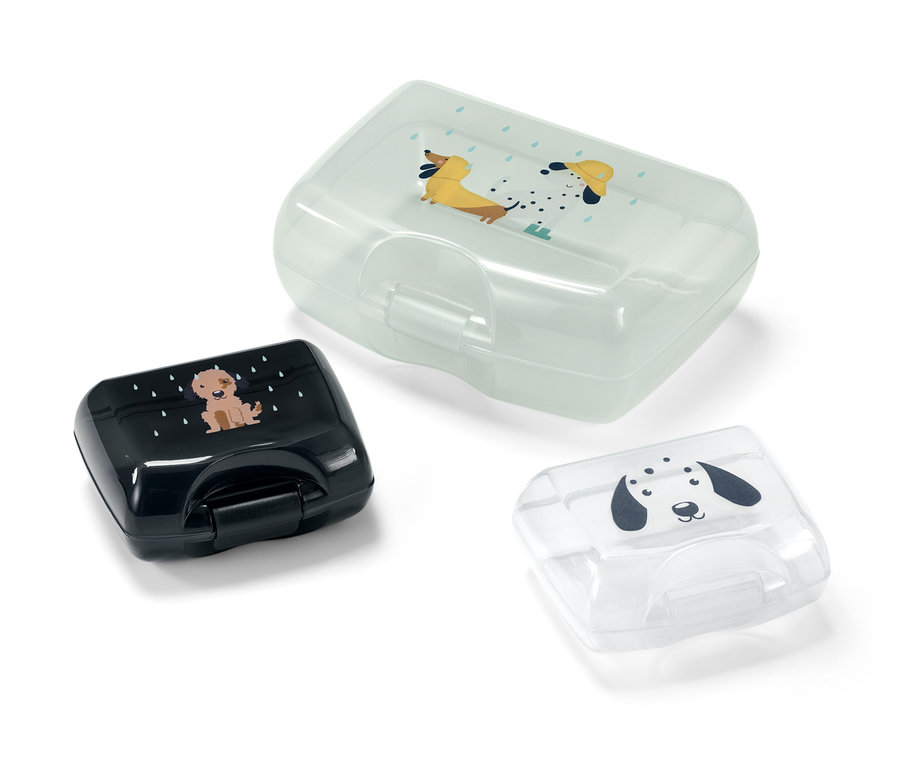 Sada troch dóz na desiatu s potlačou psov.