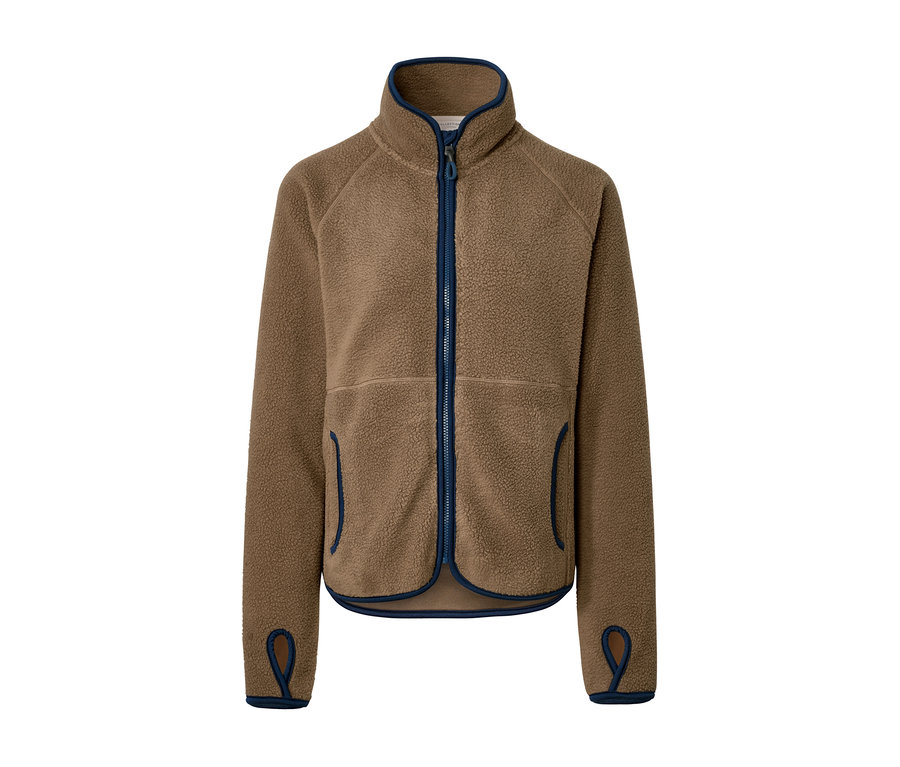 Hnedá plyšová bunda s modrým zipsom a lemovaním.