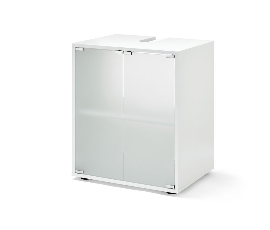 Skrinka pod umývadlo, kúpeľňa, stredná, biela s dvomi sklenenými dverami.