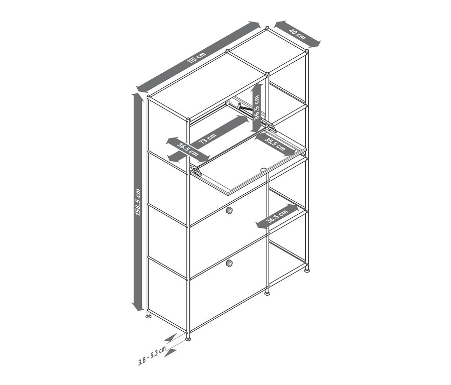 Nákres kovovej skrinky »CN3« so 4 výklopnými priečinkami s príslušnými rozmermi.