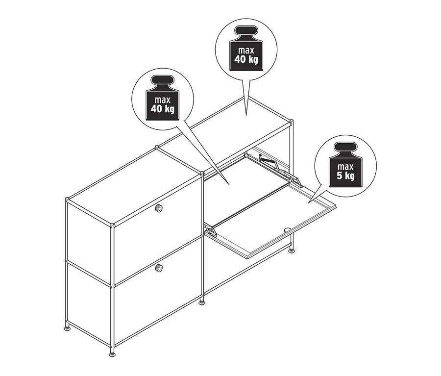 Nákres kovovej odkladacej skrinky »CN3« so 4 výklopnými priečinkami, pričom jeden je otvorený.