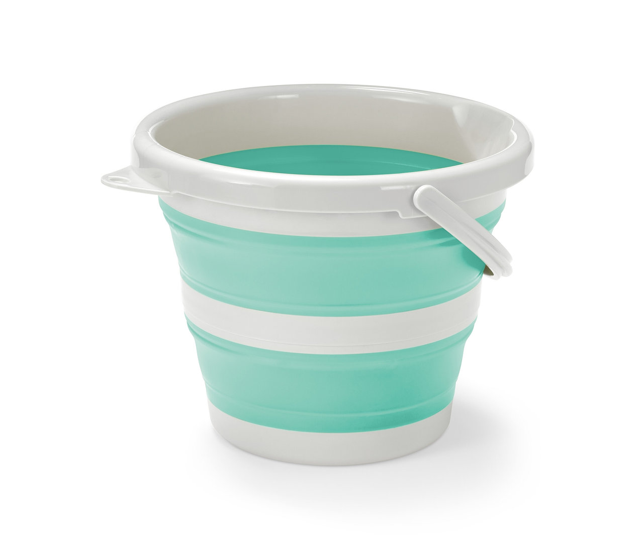 Skladacie vedro v tyrkysovej farbe s bielymi pruhmi a bielym lemom.