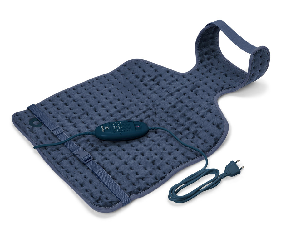 Modrá vyhrievacia podložka s ovládačom a napájacím káblom.