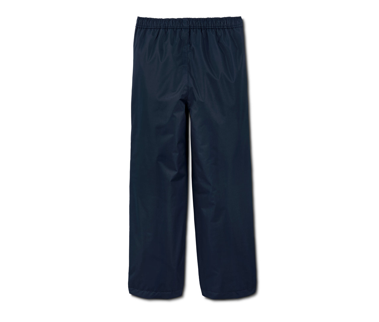 Tmavomodré nohavice do dažďa z recyklovaného materiálu na bielom pozadí.