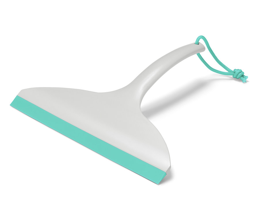 Biela stierka s tyrkysovou gumovou lištou a tyrkysovou šnúrkou na rukoväti leží na bielom pozadí.