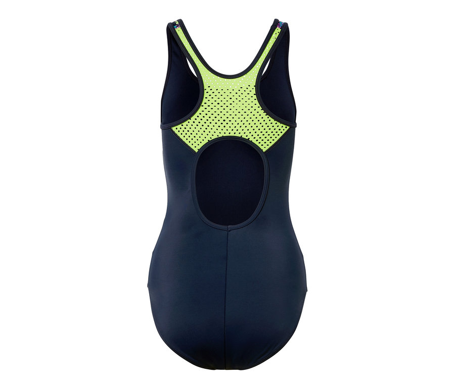 Tmavomodré športové jednodielne plavky s neónovo zelenou sieťovinou na chrbte.