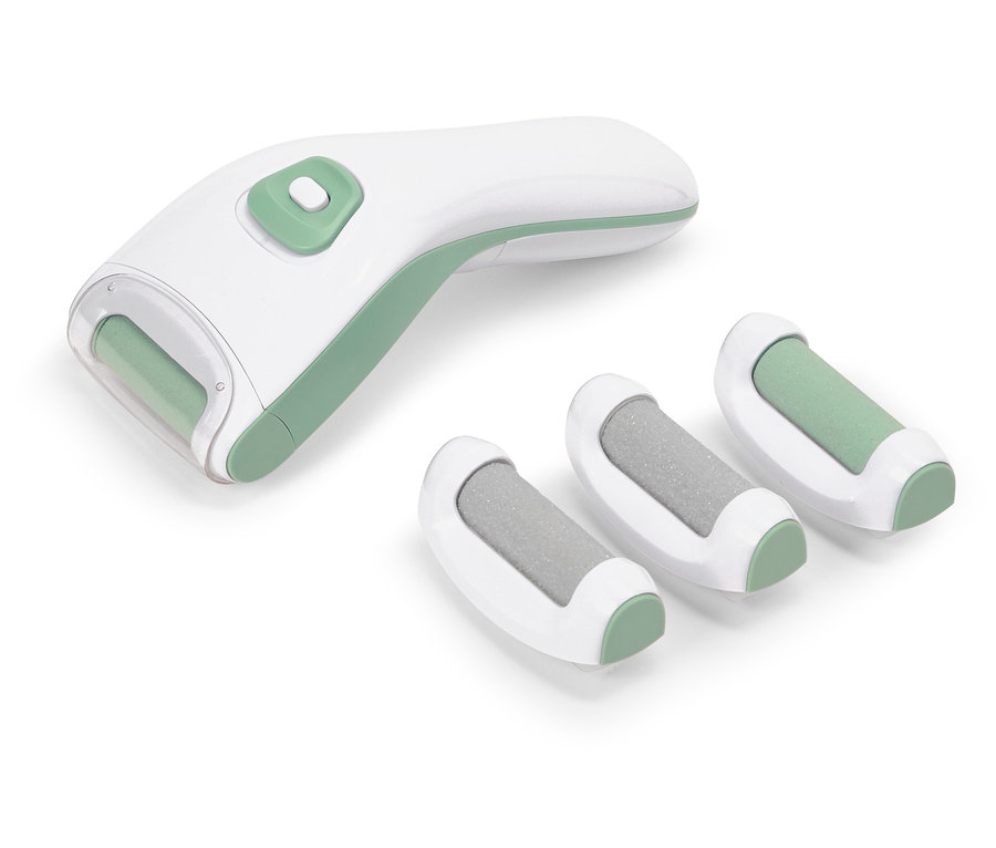 Elektrický odstraňovač kože v bielej a zelenej farbe s tromi prídavnými valčekmi.