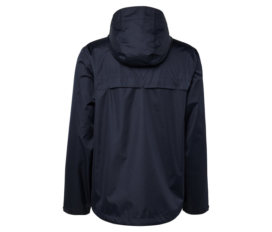 Tmavo modrá bunda s kapucňou zozadu.