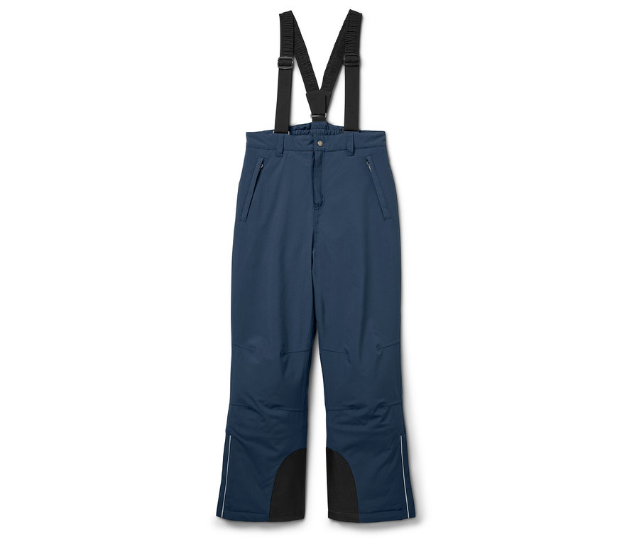 Modré lyžiarske nohavice s čiernymi výstužami na spodnej časti nohavíc a traky.