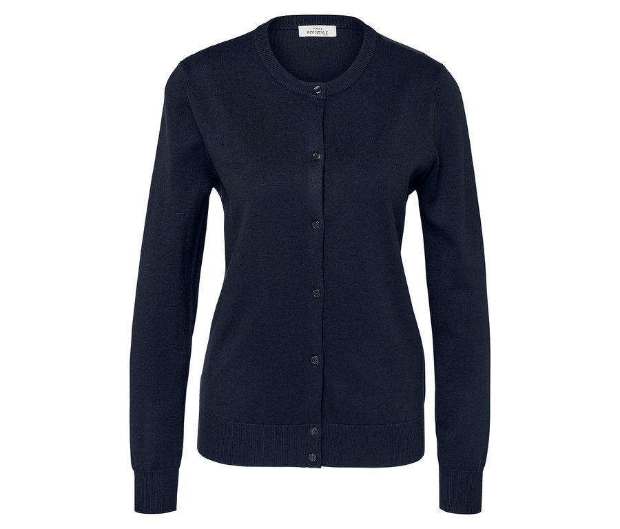 Tmavo modrý kardigán s okrúhlym výstrihom a gombíkmi.