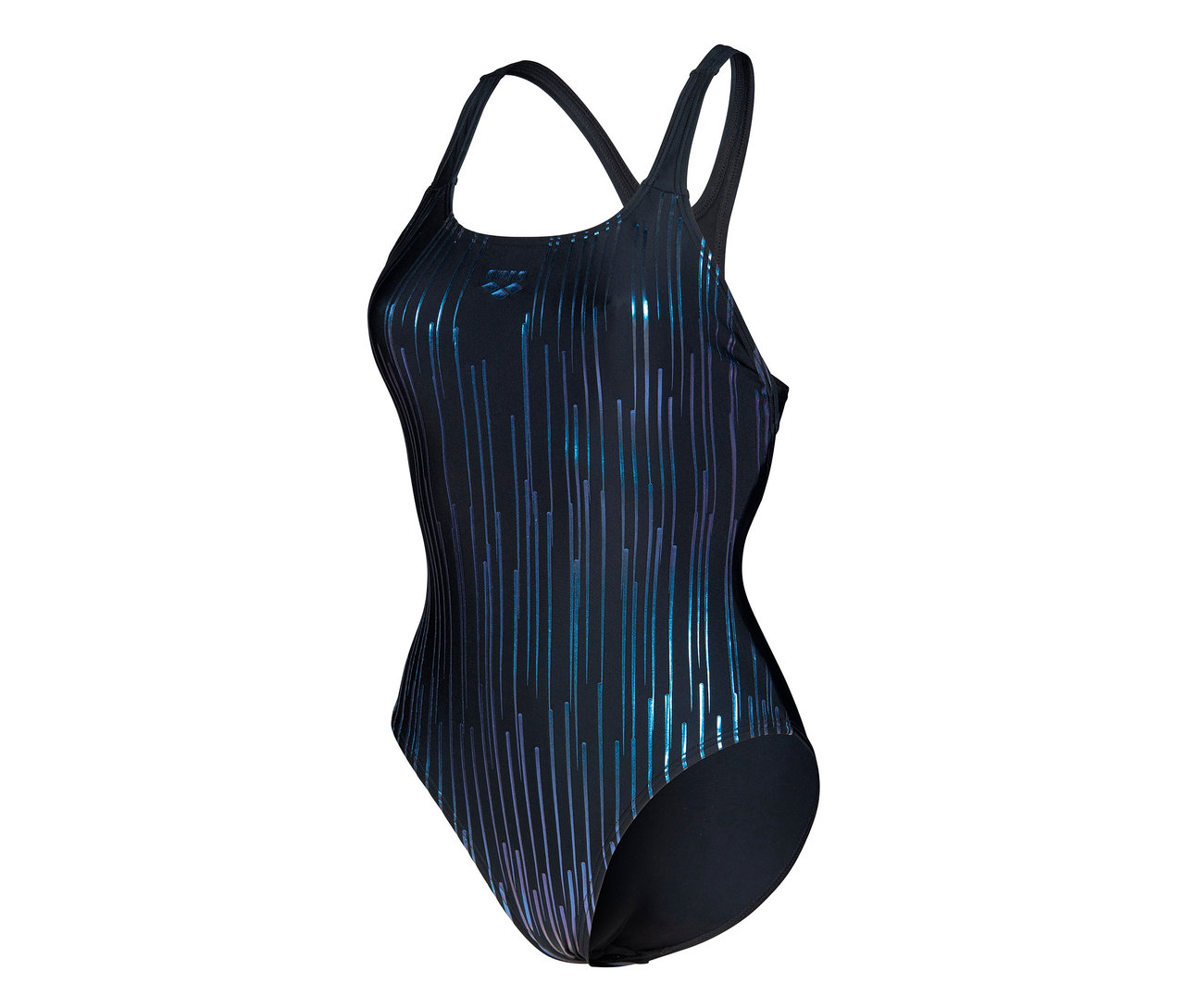 Dámske jednodielne plavky arena Feel Hyacinth Swim Pro Back s modrými a fialovými pruhmi.