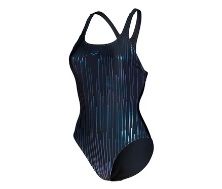 Dámske jednodielne plavky arena Feel Hyacinth Swim Pro Back s modrými a fialovými pruhmi.
