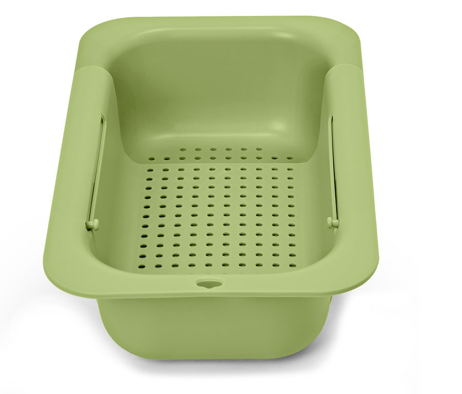 Zelená plastová nádoba s dierovaným dnom a výsuvnými držadlami.