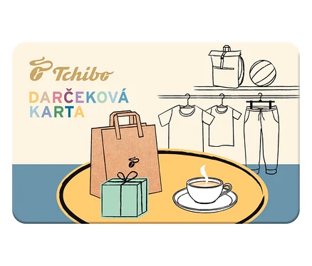 Ilustrácia darčekovej karty Tchibo s nákupnou taškou, darčekom a šálkou kávy.