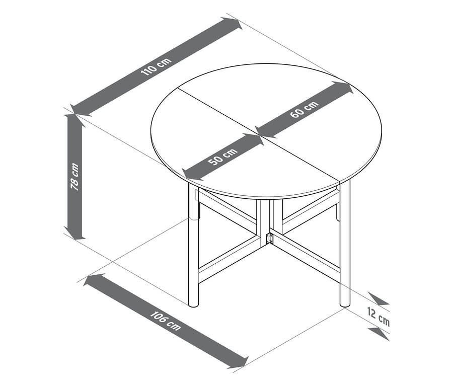 Pohľad zhora na okrúhly stôl s rozmermi: 110 cm dĺžka, 78 cm výška, doska stola 50 x 60 cm, 106 cm šírka a 12 cm vzdialenosť.