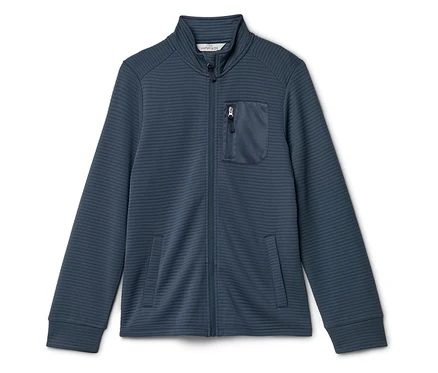 Modrá bunda s dlhým rukávom na zips so stojačikom a náprsným vreckom na zips.