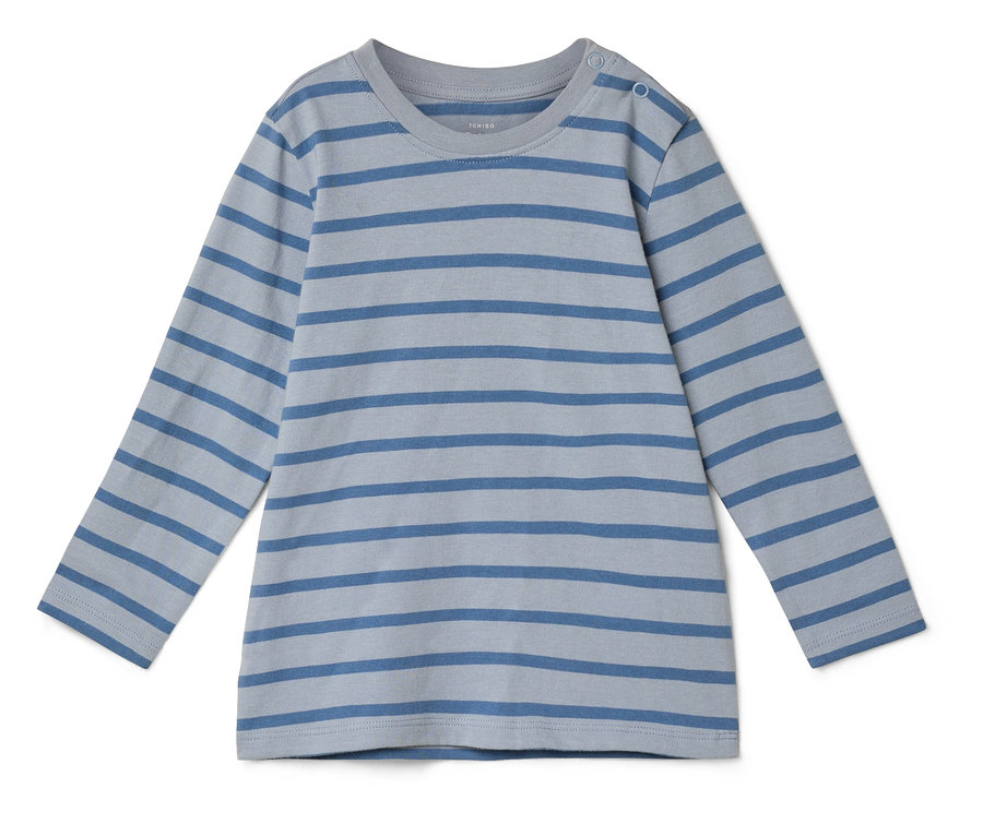 Modré pruhované tričko s dlhým rukávom na bielom pozadí.
