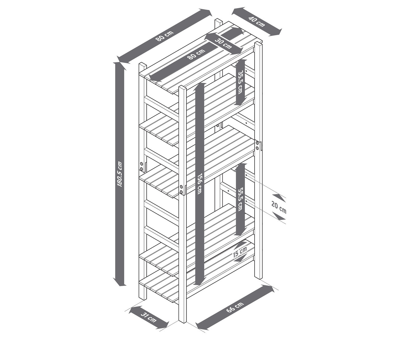 Pohľad zhora na vonkajší regál s individuálne nastaviteľnými policami a rozmermi.