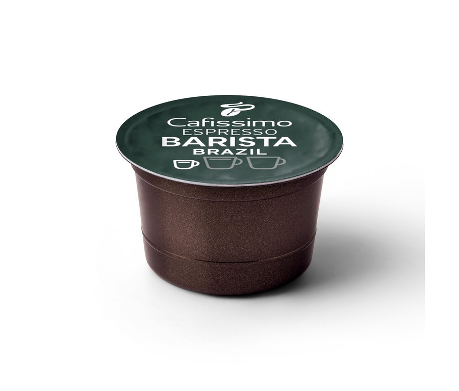 Hnedá kávová kapsula Cafissimo BARISTA Espresso Brasil s tmavozeleným viečkom. Na viečku je biely nápis 'Cafissimo ESPRESSO BARISTA BRAZIL', logo Tchibo a tri ikony šálok kávy.