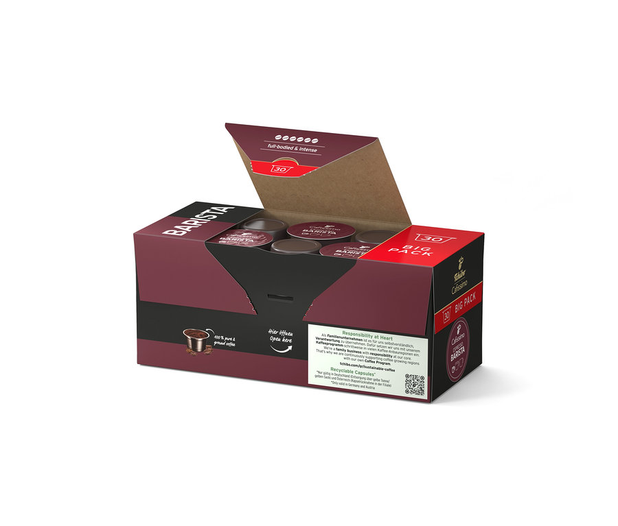 Otvorené hnedé balenie s kávovými kapsulami. Na obale je nápis „BARISTA“ a „30 BIG PACK“.