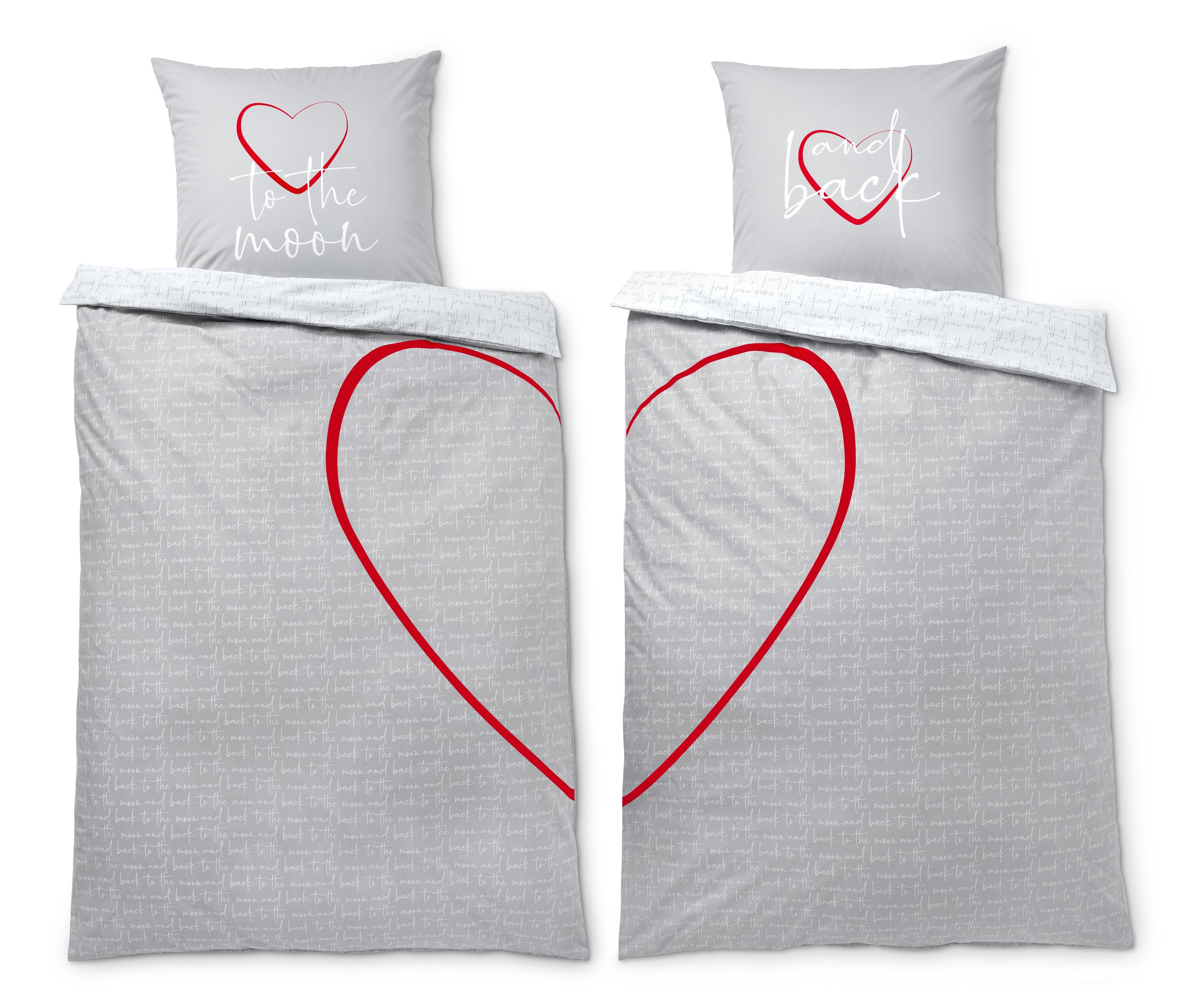Dve súpravy obojstranného posteľného prádla renforcé pre páry štandardnej veľkosti. Na sivej posteľnej bielizni je červené srdce.